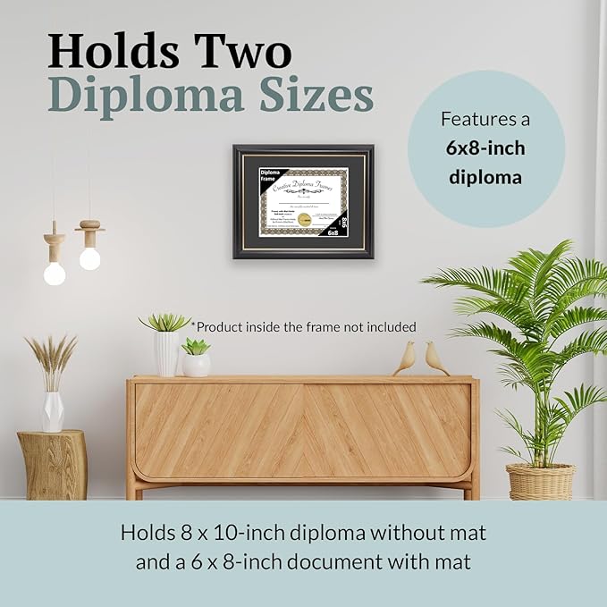 Creative Picture Frames 6" x 8" Rockefeller Black with Gold Rim Diploma Frame, Displays 6" x 8" Certificate or 8" x 10" Document without Mat, College Degree Frame, Full-Strength Glass, Black Mat