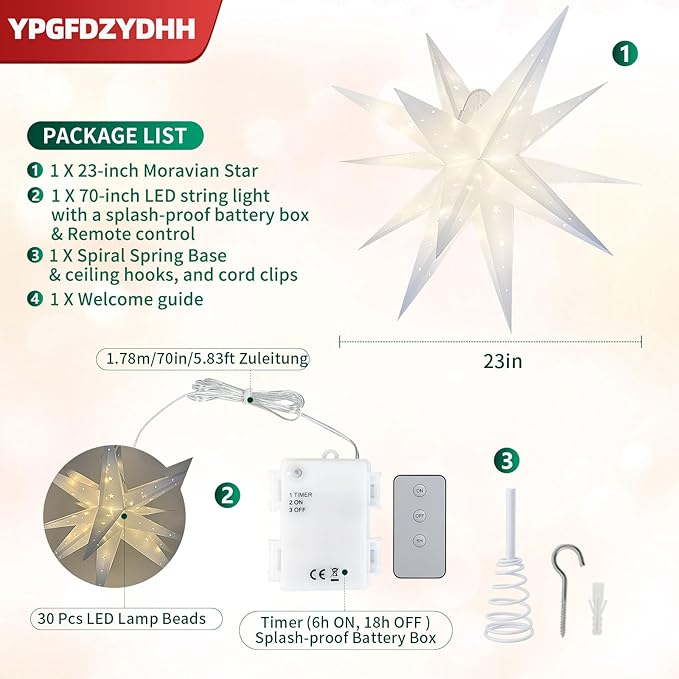 23" Large Moravian Star Outdoor Light, Moravian Star Christmas Tree Topper Lighted Battery Operated, Remote Control Hanging Outdoor/Indoor Tree Topper Light for Courtyard, Porch-White