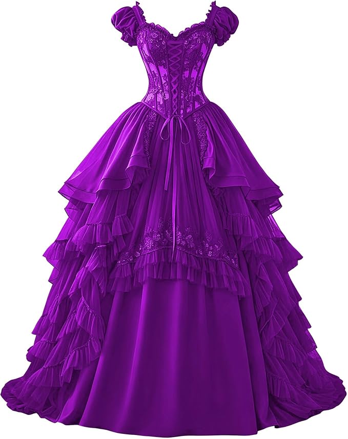 Ftupza Gothic Wedding Dresses Lace Appliques 1800s Victorian Dresses for Women Layered Tulle Prom Dress Long Ball Gown