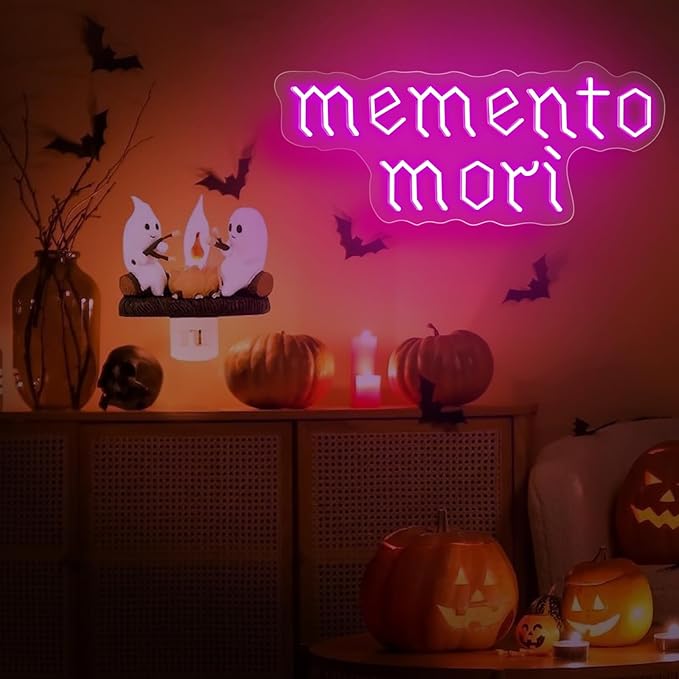 Memento Mori Neon Sign, Purple Stoic Wall Art, Gothic LED Light, Creepy Halloween Decor, Gothic Decoration, Satanic Witch Decor, 16.5"x6.7"