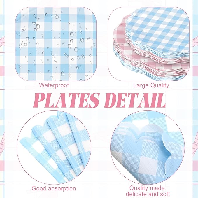 452 Pcs Gender Reveal Gingham Party Decoration for 50, Pink and Blue Gingham Checkered Paper Plates Napkins Cups Tablecloth Cutlery Straws for Gender Reveal Baby Shower Party Supplies