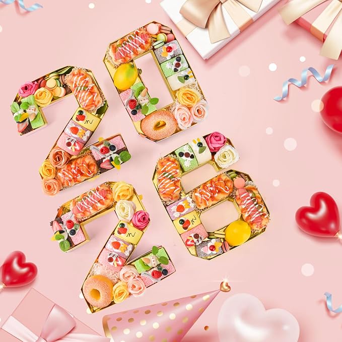 2026 Set Cardboard Number for Charcuterie 10.2'' Gold Fillable Tray Charcuterie Paper Box for Graduation Anniversary Birthday New Year Party Decorations Chocolate Cookies Goodie Cupcake Box