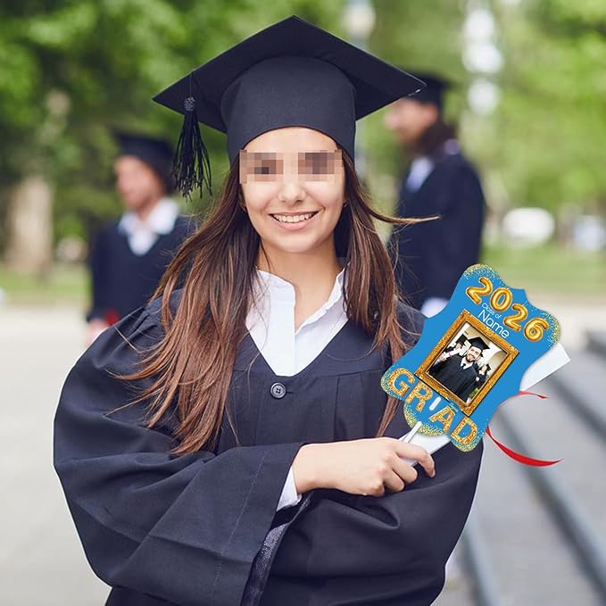 Personalized Graduation Double Sided Face Fan Class of 2026 Customized Graduation Head Face Cutout with Handle Fun Photo Prop Supplies(A-Sky Blue and Gold,12pcs)