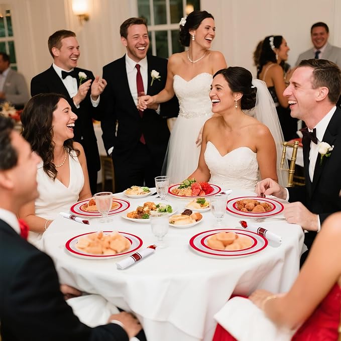 I00000 700 Piece Red Plastic Dinnerware Set for Party, Clear Disposable Plates for 100 Guests, Include: 100 Dinner Plates, 100 Dessert Plates, 100 Pre Rolled Napkins with Cutlery Set, 100 Cups
