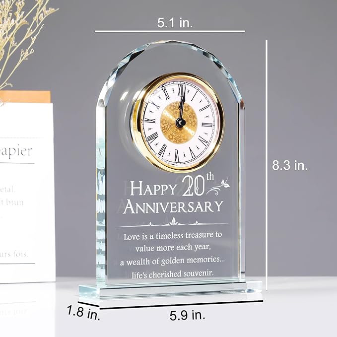 YWHL 20th Anniversary Quartz Clock Gifts for Him and Her, 20 Years Wedding Anniversary Keepsake Gifts for Couple, Happy 20th Wedding Home Party Decoration (Battery not Included)