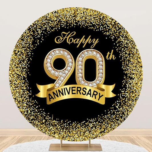 7.5x7.5ft Happy 90th Anniversary Round Backdrop Cover Black Gold Happy 90th Years Wedding Anniversary Party Background Luxurious Sequins Sparkle Dots Diamond Ribbon Circle Backdrop Arch Decor