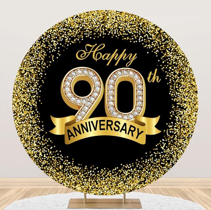 5.5x5.5ft Happy 90th Anniversary Round Backdrop Cover Black Gold Happy 90th Years Wedding Anniversary Party Background Luxurious Sequins Sparkle Dots Diamond Ribbon Circle Backdrop Arch Decor