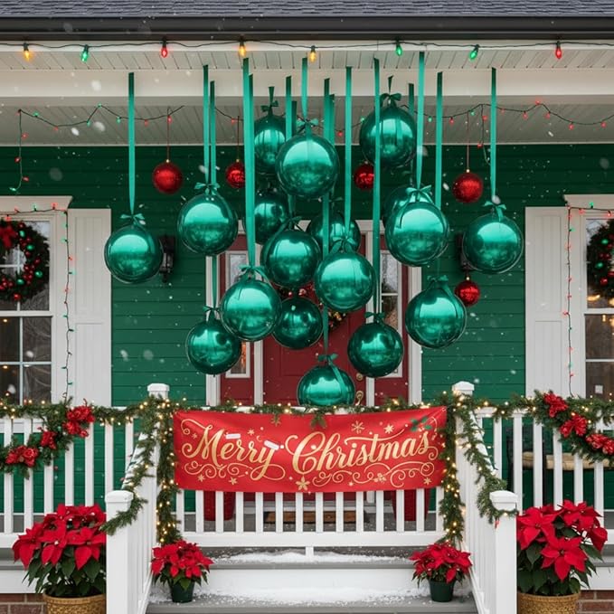Jenaai 30 Set Round Foil Balloons Bulk 22 Inch 4d Metallic Giant Balloons Set with Satin Bows Ribbon for Ceiling Holiday Ornaments New Year Birthday Wedding Party Decoration(Green)