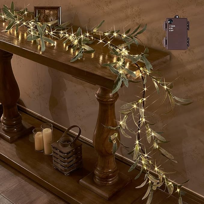 Hairui Lighted Artificial Olive Garland 6FT 96 LED Fairy Lights Battery Operated, Faux Vine Lights with Timer for Spring Christmas Holiday Fireplace Decoration
