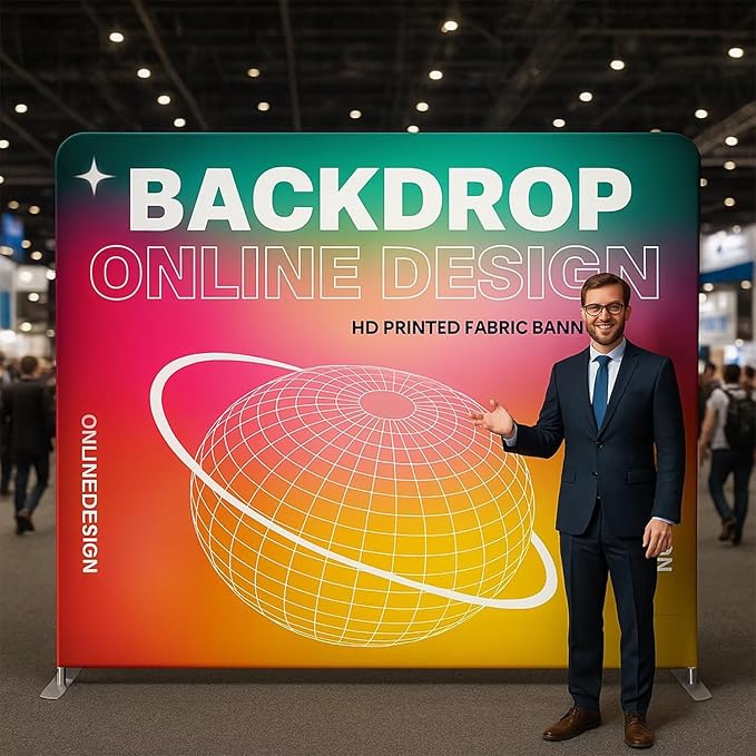Custom Tension Fabric Banner with Stand Trade Show Backdrop Display, HD Printing Customize Online, Large Portable Trade Show Booth Banner for Business Pop Up Display Aluminum Frame 5x7.5 FT