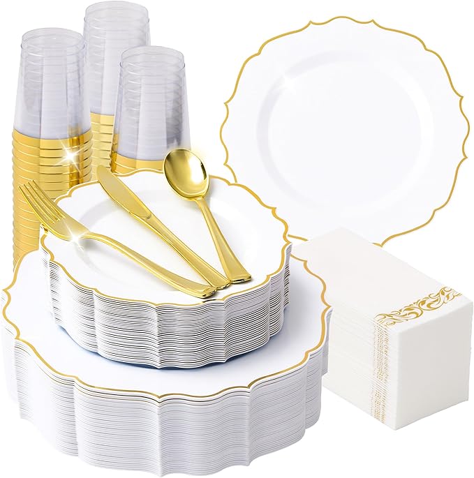 350 PCS Gold Disposable Plates, Scalloped Dinnerware Set for 50 Guests, 100 Plastic Plates, 150 Silverware, 50 Cups & 50 Paper Napkins, Gold