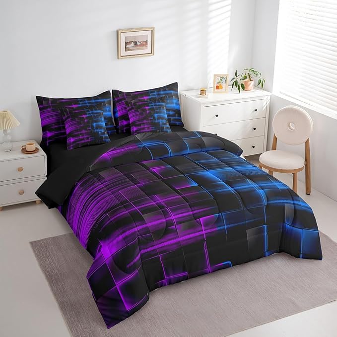 Feelyou Blue and Purple Comforter Set with Sheets 7 Piece Full Size Kids Geometric Bed in a Bag Strip Lines Bedding Set Abstract Art Bed Set with Comforter, Sheets,Pillowcases,Cushion Covers