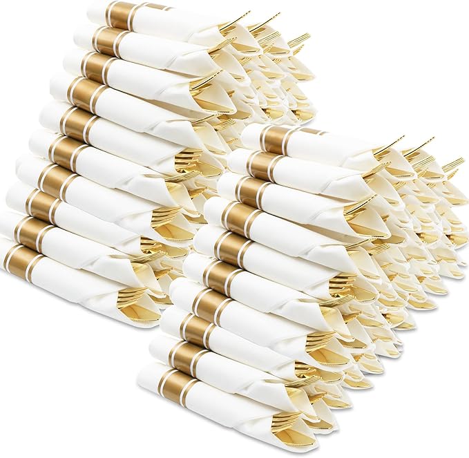 400 PCS Pre Rolled Napkin and Cutlery Set, Gold Plastic Flatware Sets Wrapped in Napkin, Disposable Cutlery Set with 100 Forks, 100 Knives, 100 Spoons, 100 Napkins for Wedding, Party，Dinner