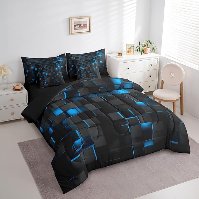 Feelyou Blue and Black Bedding Set Twin Size Kids Light Geometric Comforter Set with Sheets 7 Piece Bed in a Bag forModern Bed Set with Comforter,Sheets,Pillowcases,Cushion Covers