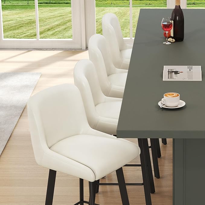 Swivel Bar Stools, 29''H Upholstered Barstools with Backs, Modern Counter Height Bar Stool Chairs for Kitchen Island, Metal Legs (Beige- Faux Leather, Set of 4-29" H)