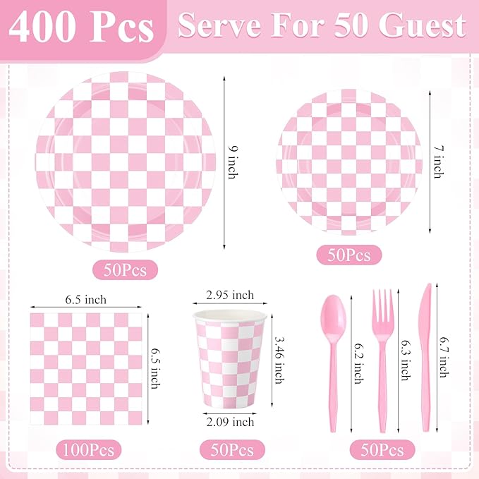 Pickmesh 400 Pcs Pink and White Checkered Party Decorations Set Light Pink Gingham Disposable Paper Plates Napkins Cups Cutlery Plaid Party Decorations for Baby Shower Wedding Birthday Serve 50