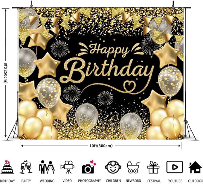 Black Gold Happy Birthday Backdrop 10x8ft for Men Women Boys Girls Birthday Party Banner Decorations with Glitter Star Photo Background Large Wall Decor Props