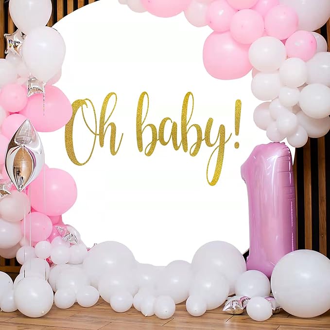 Oh Baby Round Backdrop Cover 7.5ft,7.5 Round Backdrop Cover,Gold Oh Baby Sign for Photography Baby Shower,Birthday Party Banner Gender Reveal Pregnancy Photo Studio Props