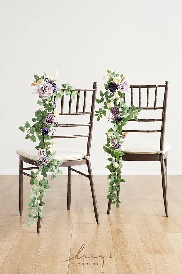 Ling's moment 10pcs Wedding Chair Decorations Aisle Floral Swag Artificial Pew Flowers Hanging Garland Lilac Purple Gold for Ceremony Reception Church Rose Floral Faux Arrangement Party Outdoor Decor