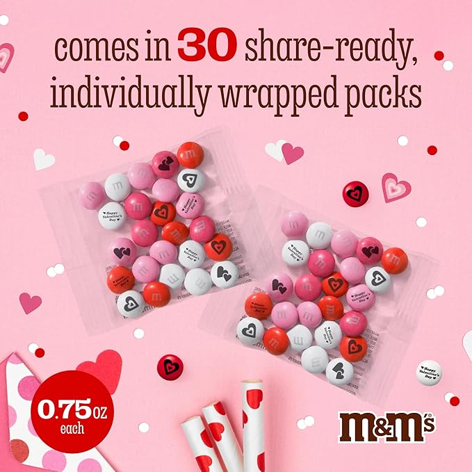 M&M’s Valentines Day Milk Chocolate Candy 30 Pack, Individually Wrapped Bulk Kosher Treats, Party Favors for Classroom, Office, Gift Bags, Sharing, Valentine’s Chocolates for Kids & Adults