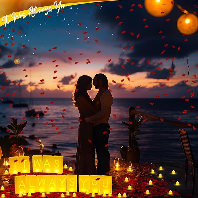 6086 Pcs It was Always You Light up Letters with LED Flameless Tealight Candle Red Rose Petal Letter Luminary Paper Bag for Valentine's Day Decoration Proposal Romantic Special Night Decor