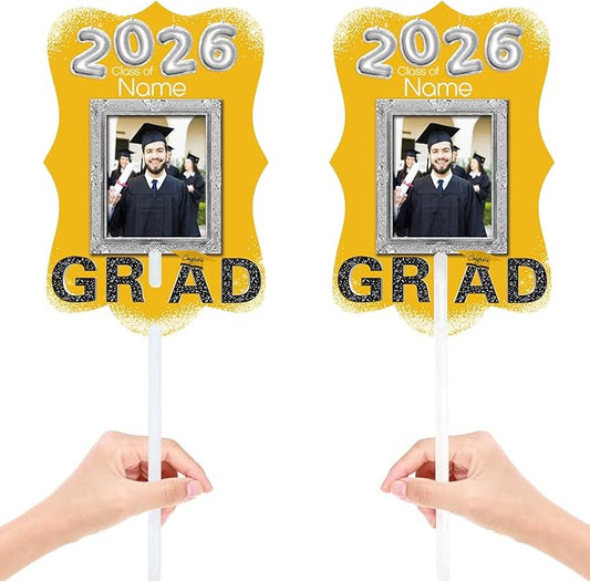 Personalized Graduation Double Sided Face Fan Class of 2026 Customized Graduation Head Face Cutout with Handle Fun Photo Prop Supplies(A-Gold and Black,12pcs)