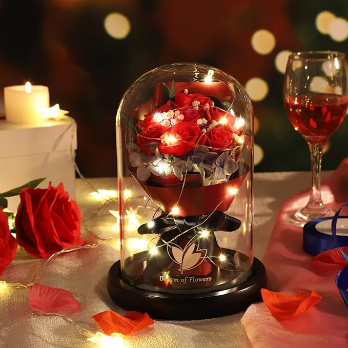 Valentines Day Gifts for Her,Birthday Gifts for Women,Beauty and the Beast Rose in Glass Dome with 2 Light Modes,Enchanted rose Flower Roses Bouquets Valentines Gifts for Daughter Mom Wife Girlfriend