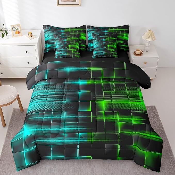 Feelyou Green and Blue Comforter Set with Sheets 7 Piece Full Size Kids Geometric Bed in a Bag Strip Lines Bedding Set Abstract Art Bed Set with Comforter, Sheets,Pillowcases,Cushion Covers