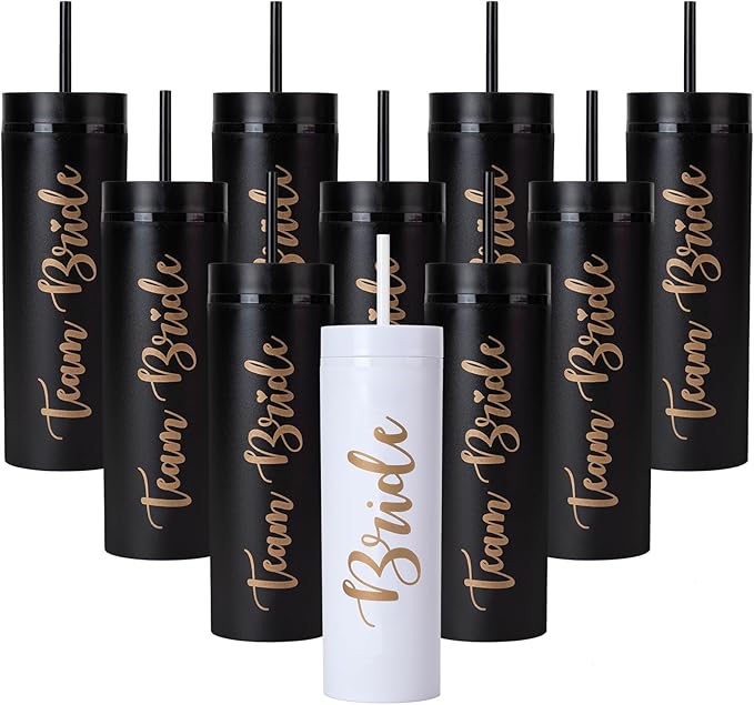 10 Pack Bride to Be Skinny Tumbler | 16 oz Team Bride Tumblers | Bachelorette Party Cups | Engagement Wedding Gifts Bridesmaids Mugs | Party Supplies & Games (Black)