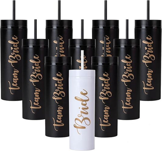 10 Pack Bride to Be Skinny Tumbler | 16 oz Team Bride Tumblers | Bachelorette Party Cups | Engagement Wedding Gifts Bridesmaids Mugs | Party Supplies & Games (Black)