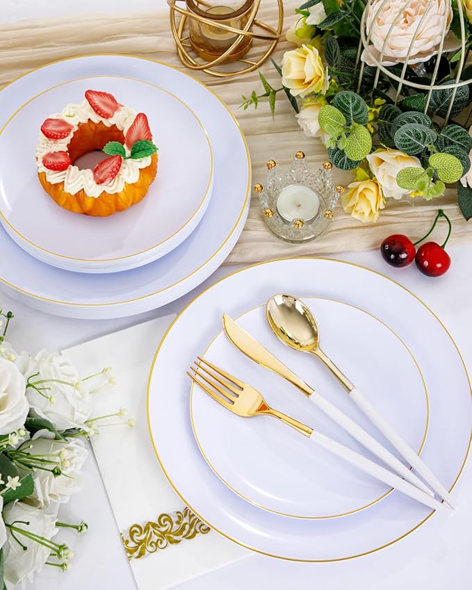Supernal 350pcs Gold Plastic Dinnerware Set for 50 Guests,Fancy Disposable Plates for Party,Gold Plastic Silverware with White Handle,Disposable White Plates Wedding,Birthday