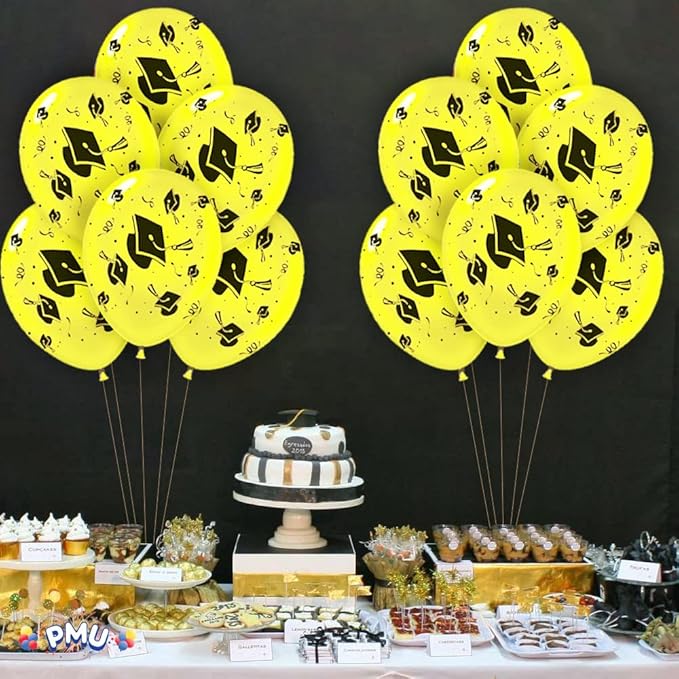 PMU 100 Pcs Yellow Graduation Balloons Class of 2025 with All-Over Print White Grad Caps-Confetti and Streamers | Graduation Party Supplies | Congratulations Grad Latex Balloons Latex
