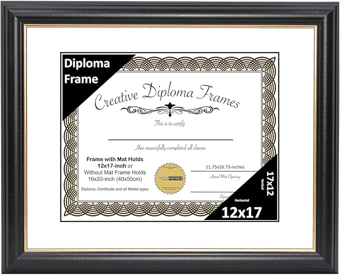 Creative Picture Frames 12" x 17" Rockefeller Black with Gold Rim Diploma Frame, Displays 12" x 17" Certificate or 16" x 20" Document without Mat, College Degree Frame, Full-Strength Glass, White Mat