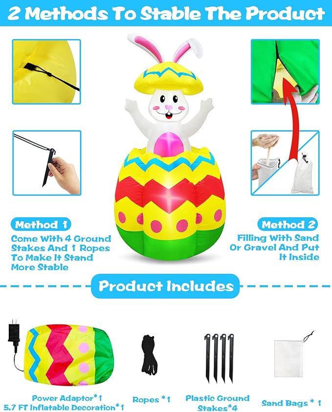 [Pop Up and Down] 5.7 Ft Easter Inflatable Bunny Broke Out of Colorful Easter Eggs, Blow Up Rabbit Decorations Outdoor with Built-in LED Easter Party Decor Yard Garden Lawn Indoor Outdoor Home