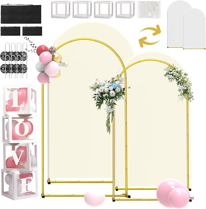 Wedding Arch Backdrop Stand and Covers Set of 2 (7.2FT & 6FT),Double-Color Spandex Fitted Arch Covers Balloon Arch Stand for Wedding/Baby/Shower/Birthday/Party Decor/Indoor Outdoor Use (White+Cream)
