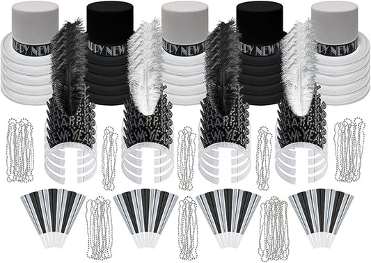 PMU New Year's Eve Party Supplies New Year's Eve Decorations Supplies, 2026 Silver Legend Illusion Party Kit Assortment for 100 persons - Outfits for Adults, Men and Women (100/psn) Pkg/1