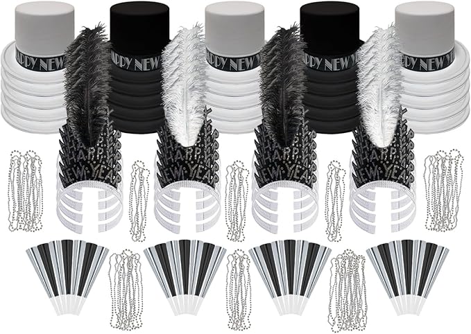 PMU New Year's Eve Party Supplies New Year's Eve Decorations Supplies, 2026 Silver Legend Illusion Party Kit Assortment for 25 Persons - Outfits for Adults, Men and Women (25/psn) Pkg/1