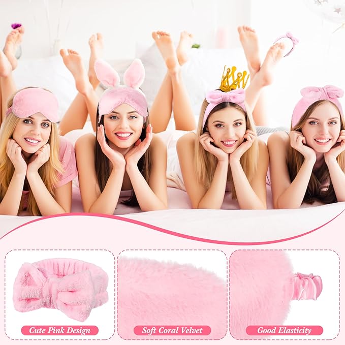 Hoteam 54 Pcs Pink Spa Party Supplies Girls Sleepover Party Favors Set of 18, Pink Bow Headbands, Sleep Eye Masks, Clear Cosmetic Bags for Girls Women Spa Birthday Bachelorette Slumber Favor Gifts