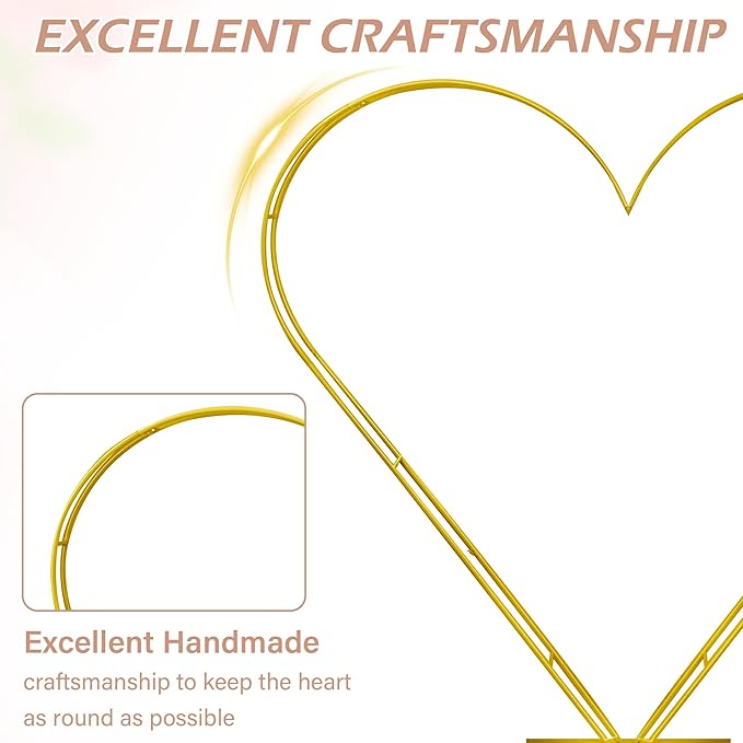 7FT Metal Heart Arch Double Heart Shaped Balloon Stand Wedding Arch for Proposal Ceremony Valentine's Day Birthday Party Baby Shower Decoration (Gold)