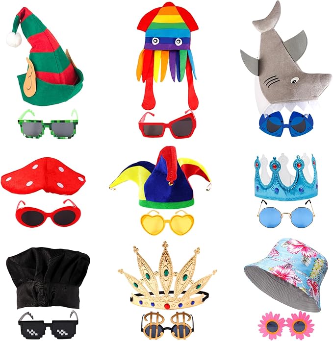 18 PCS Novelty Party Hats and Funny Glasses Pack for Photo Booth Props, 9 Assorted Funny Hats, 9 Fun Sunglasses Props, Crazy Party Hat, Fun Costume Hat Glasses Accessories for Adults