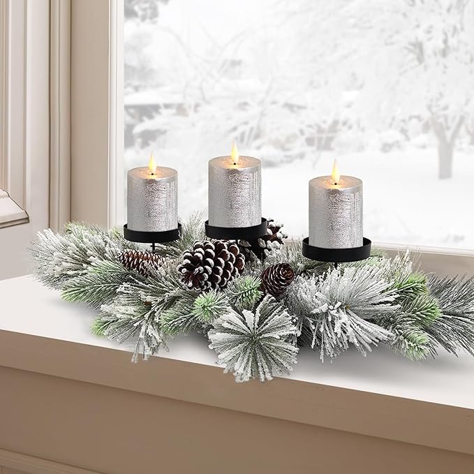 Christmas Centerpiece Table Decorations, Handcrafted Snowy Pine Cones and Pine Needles with 3 Candle Holders for Dining Table Fireplace Mantel - 27.5 in
