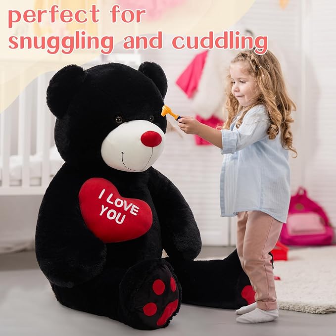Red Heart Big Teddy Bears, Black Teddy Bear Stuffed Animals with Embroidered I Love You for Girlfriend, Large Valentines Fluffy Teddy Bear Birthday Gifts, 36 inches