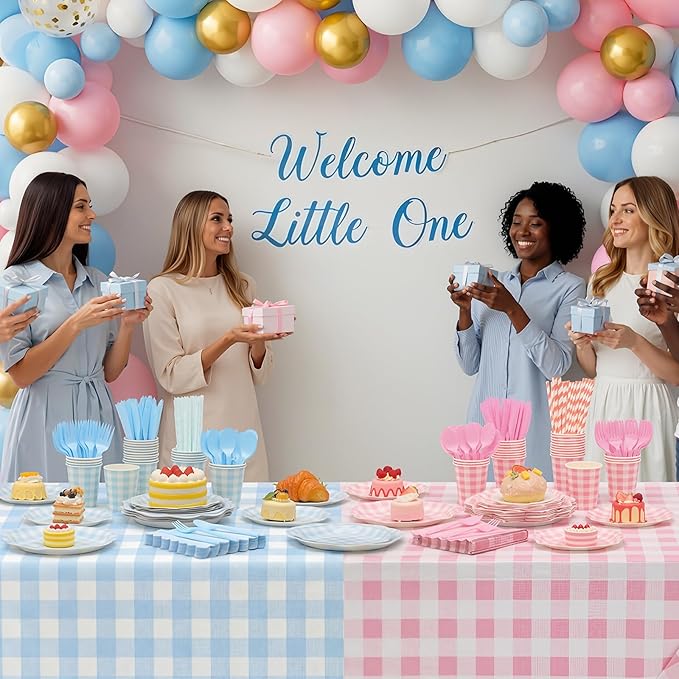 452 Pcs Gender Reveal Gingham Party Decoration for 50, Pink and Blue Gingham Checkered Paper Plates Napkins Cups Tablecloth Cutlery Straws for Gender Reveal Baby Shower Party Supplies
