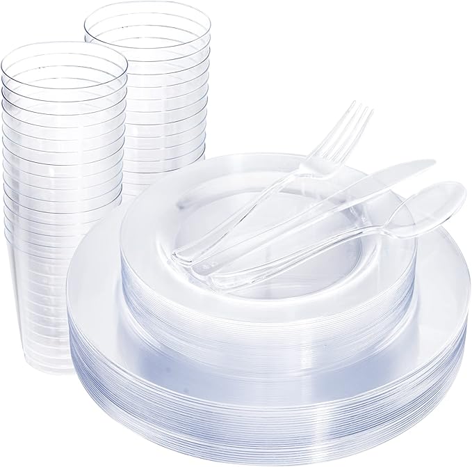 WDF 25 Guest Clear Plastic Plates with Clear Plastic Silverware - Clear Plates and Cups for Party include 25 Dinner Clear Plates, 25Salad Plates, 25Forks, 25Knives, 25 Spoons, 25Cups