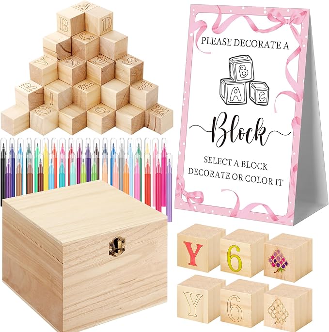 Marsui 136 Pcs Baby Shower Blocks to Decorate Game Kit Includes 98 Wooden Blocks, 36 Markers, 1 Game Sign, 1 Storage Box for Baby Shower Gender Reveal Activity Party Decorations(Pink Bow)