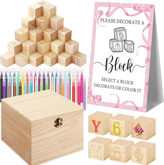 Marsui 136 Pcs Baby Shower Blocks to Decorate Game Kit Includes 98 Wooden Blocks, 36 Markers, 1 Game Sign, 1 Storage Box for Baby Shower Gender Reveal Activity Party Decorations(Pink Bow)