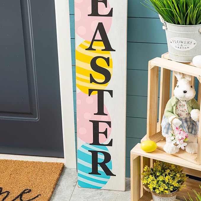 Glitzhome Wooden Happy Easter Sign for Front Porch Door Rustic Farmhouse Style Hanging Welcome Porch Sign with Colored Eggs Primitive Outdoor Sign, 42"H