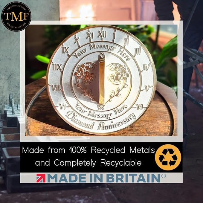 The Metal Foundry Personalized Diamond 60th Large Sundial - Recycled Brass Home Decor Or Garden Present Idea Made in The UK for Parents, Grandparents, Friends, Couples 60 Yr Marriage