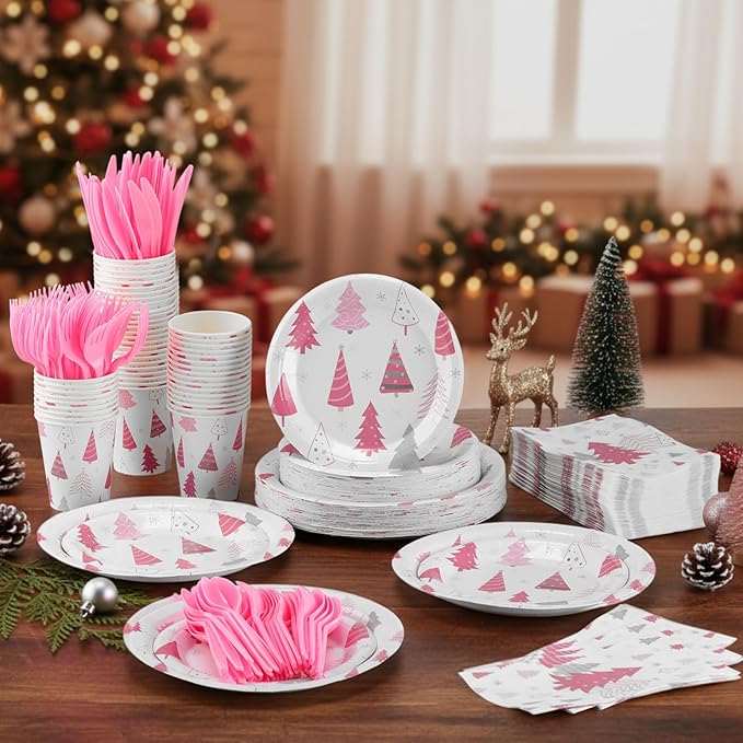 Pickmesh 400 Pcs Pink Winter Party Supplies Silver Xmas Tree Snowflake Disposable Paper Plates Napkins Cups Cutlery for Winter Xmas Christmas Birthday Party Table Decorations Serve 50