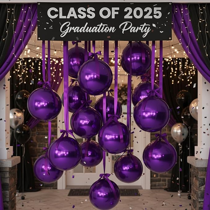 Jenaai 30 Set Round Foil Balloons Bulk 22 Inch 4d Metallic Giant Balloons Set with Satin Bows Ribbon for Ceiling Holiday Ornaments New Year Birthday Wedding Party Decoration(Purple)